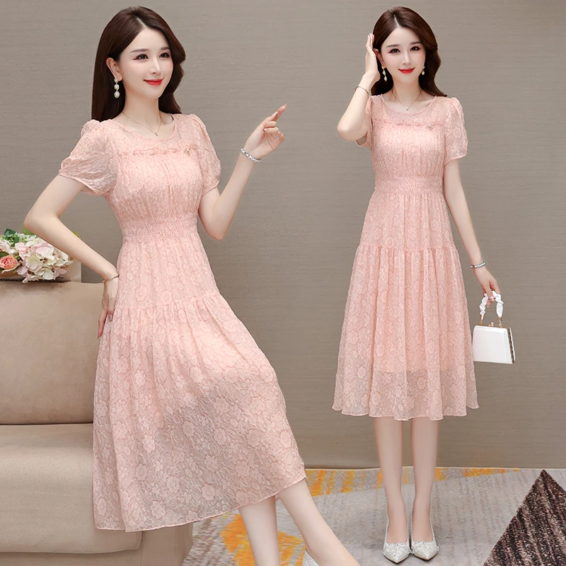 中长款收腰显瘦雪纺碎花连衣裙女春夏季新款大摆气质裙子修身纱料