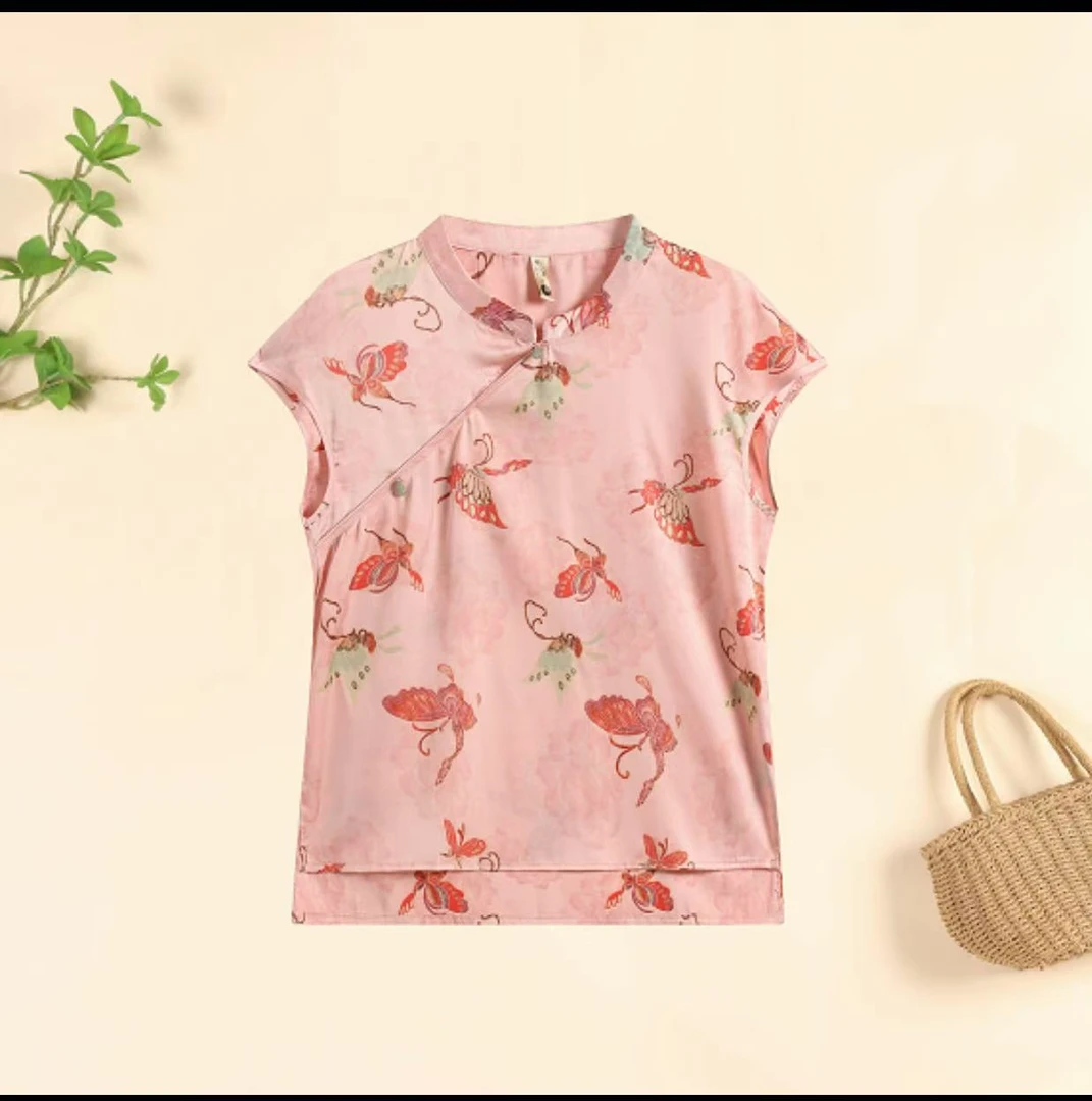 新中式女装国风上衣粉色印花！2025夏季新款高级感减龄短袖女21013
