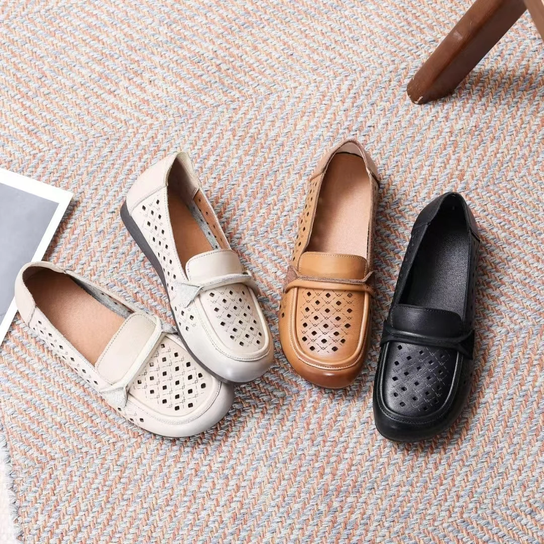 头层牛皮真皮舒适女镂空中老年浅口洞洞鞋夏季透气复古妈妈鞋子鞋