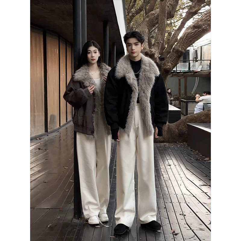 cheanfit做旧麂皮座山雕棉服男冬季加厚保暖夹克设计感大毛领外套