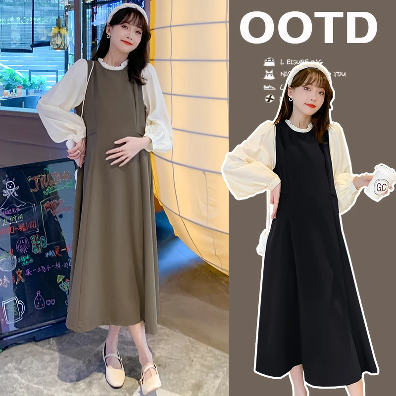 【嗒嗒】2025孕妇连衣裙春秋款秋季时尚长裙孕妇裙子假两件套装