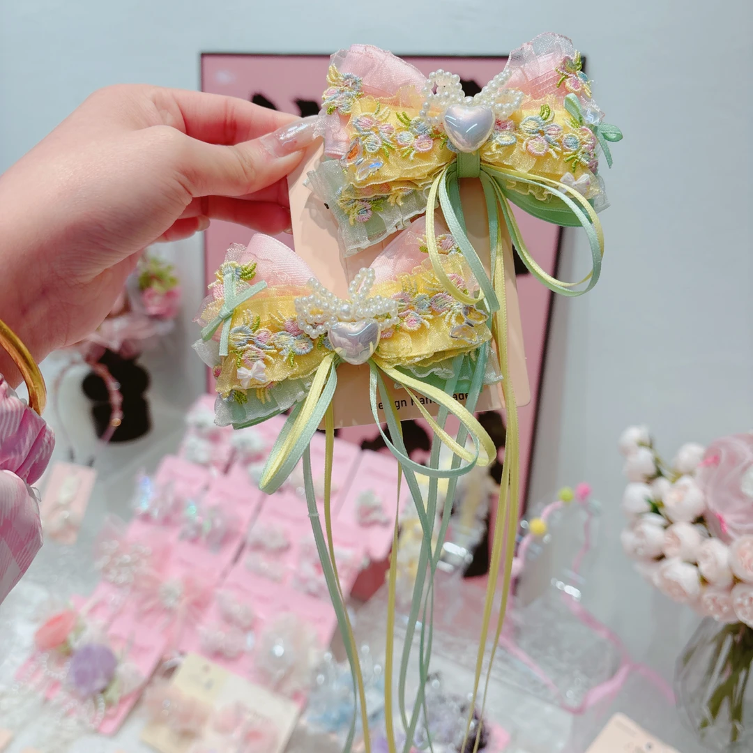 C1663-w黄色刺绣蝴蝶结压夹一对【满15包邮发货】