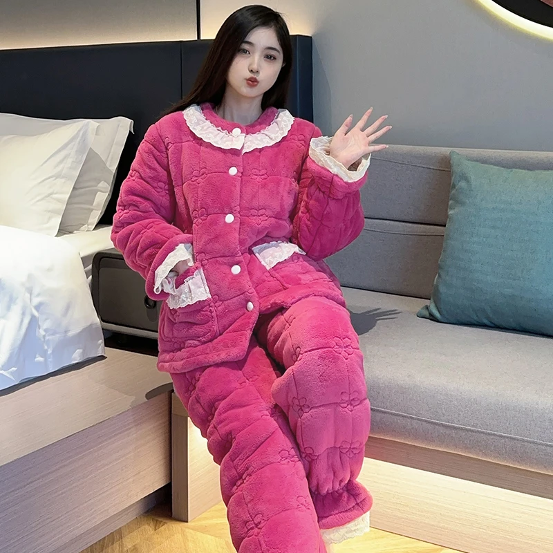 庆同加厚三层夹棉睡衣女士冬季甜美小香风珊瑚绒保暖家居服冬天