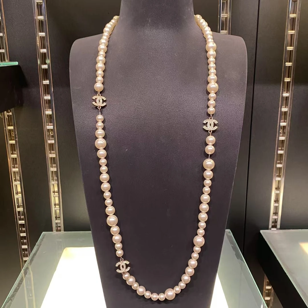 95新 Chanel/香奈儿 中古珍珠莱茵石双C百搭项链/CJ55021