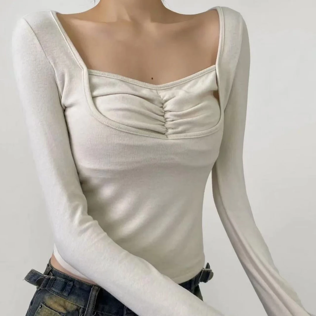 【意法-潮搭T•N】 NN1054新款时尚长袖打底T恤显瘦针织方领法式