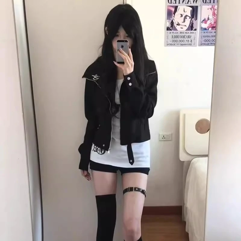 美式高街帅气黑色翻领开衫秋冬新款高级简约设计感拉链夹克上衣女