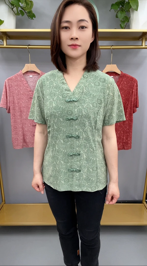 2025夏季新款中老年妈妈短袖衫