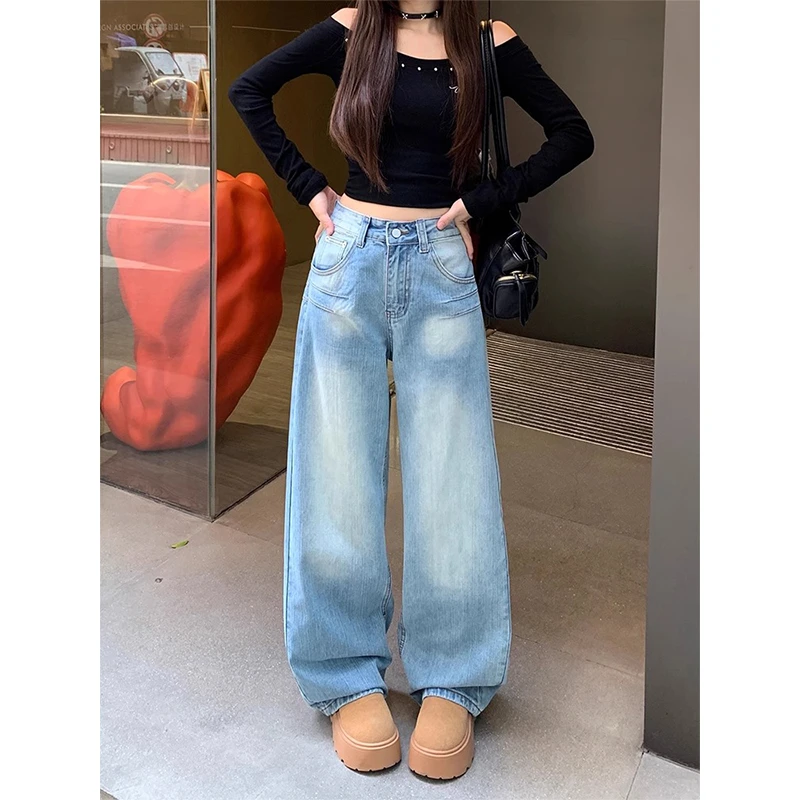 美式磨白阔腿牛仔裤女2025秋冬新款高腰宽松显瘦刺绣直筒拖地裤子