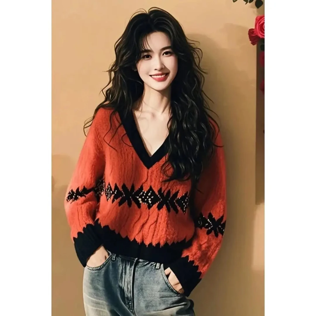 慵懒高级感V领拼色软糯针织衫毛衣女2025秋冬新款提花宽松上衣潮