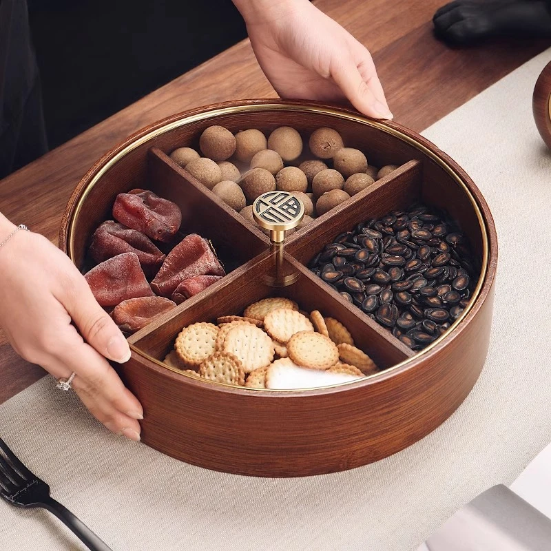 中式实木分格干果盒家用带盖客厅茶几瓜子糖果坚果零食收纳果盘