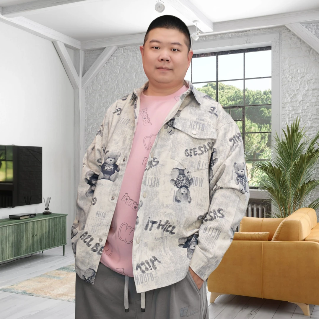 秋季新款男士宽松大码小熊印花牛仔外套免烫休闲上衣最大300斤穿