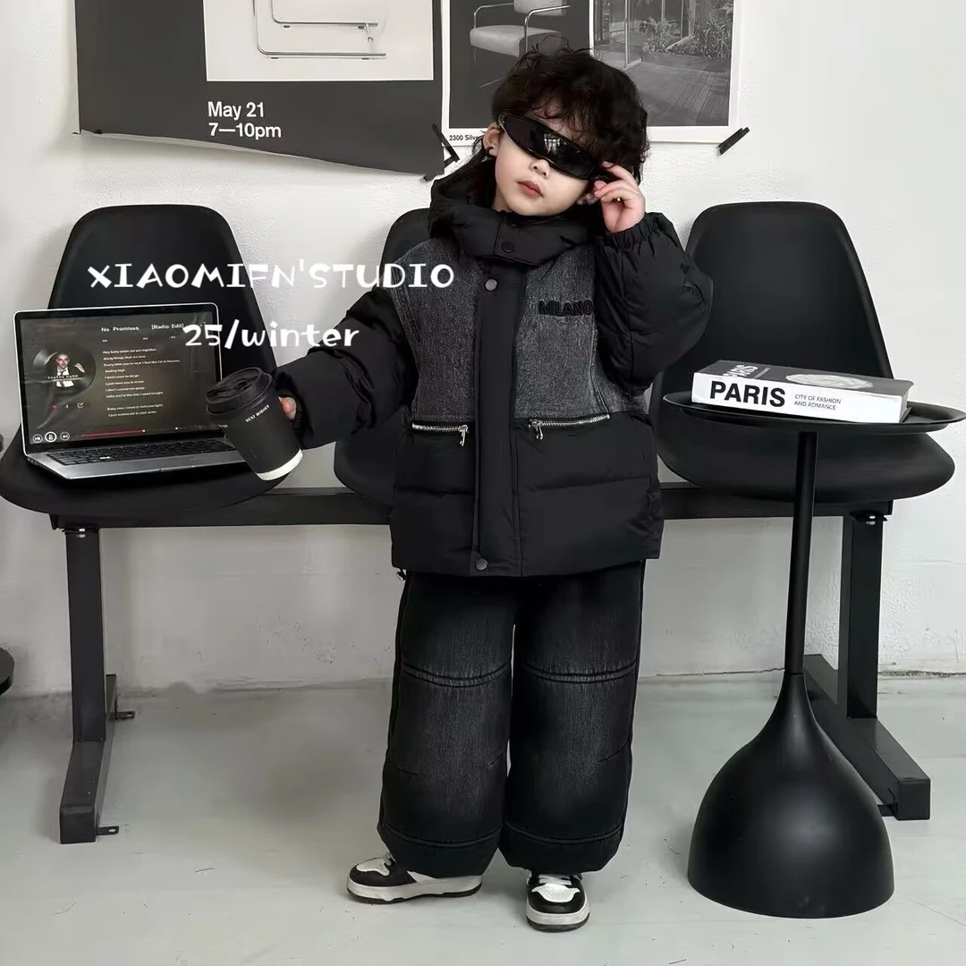 【实体品牌】连帽拼接90绒羽绒服韩版男儿童2025冬季新款外套25D207