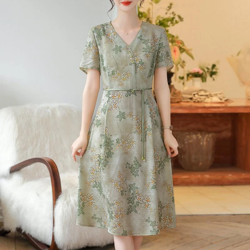 俞兆林妈妈夏装洋气质连衣裙中老年女v领短袖裙子新中式显瘦遮肚