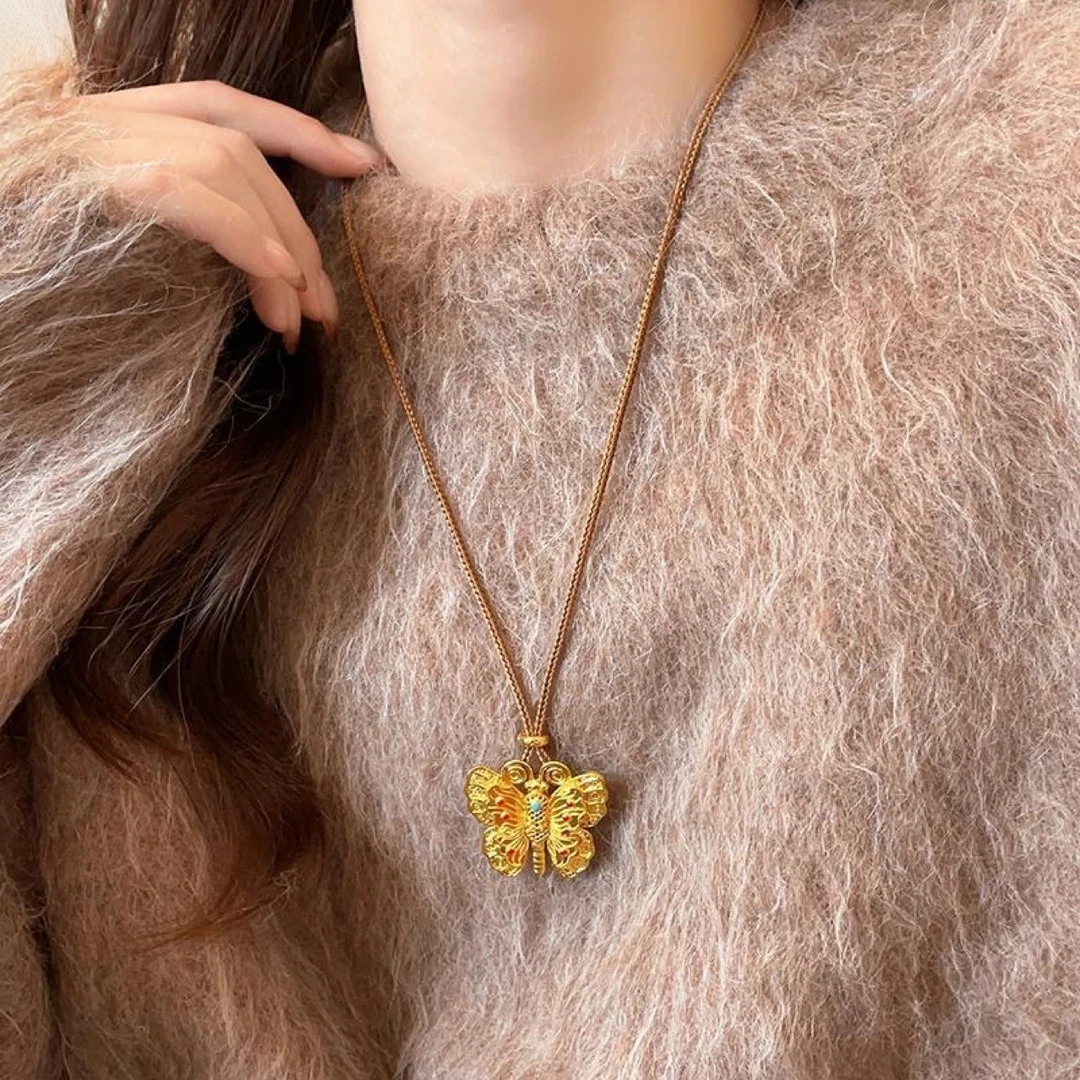 铜镀K金大蝴蝶珐琅彩韦雪同款项链布艺打造独特时尚饰品魅力