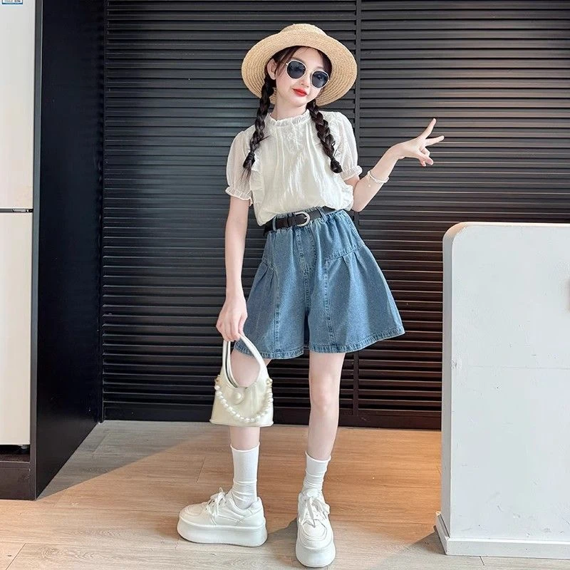 女童夏装套装2025新款儿童洋气娃娃衫上衣中大童牛仔短裙裤两件套