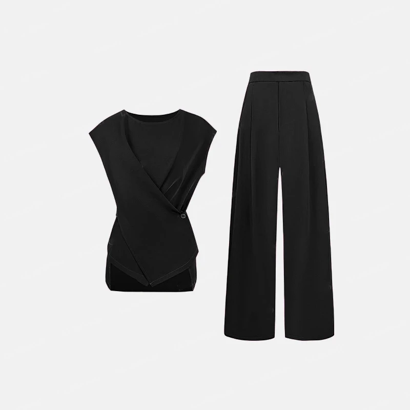 【两件套】老钱风高级感时尚气质套装设计感短袖上衣+休闲裤女D1841