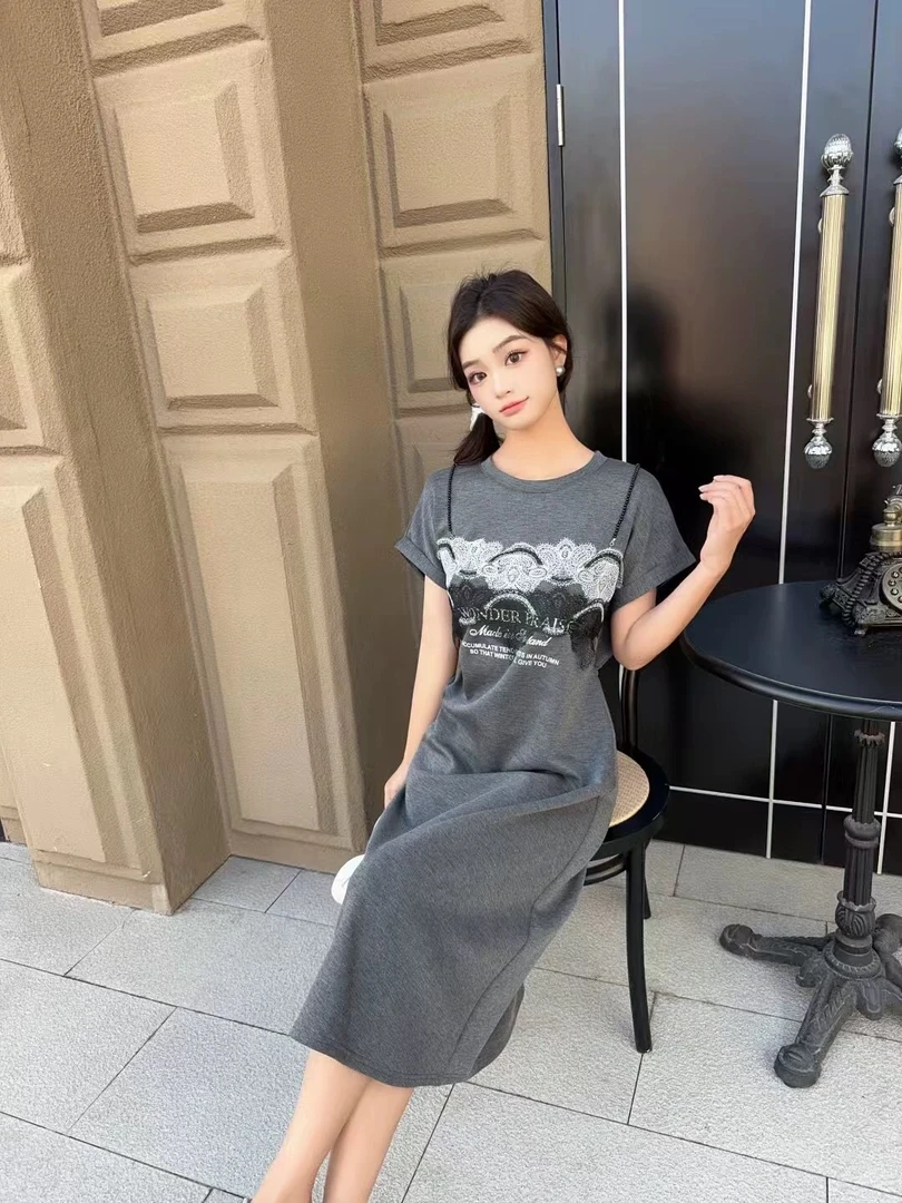 侧边开叉简约时尚蕾丝拼接连衣裙msl281