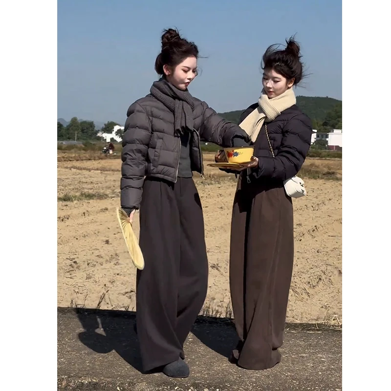 秋季流行穿搭一整套女2025新款黑色休闲面包棉服百搭阔腿裤两件套