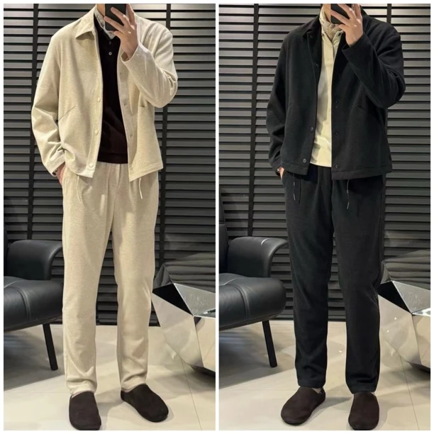 25秋男士40岁新款净奢老钱风纯色百搭微宽松外套羊毛套装秋装9113