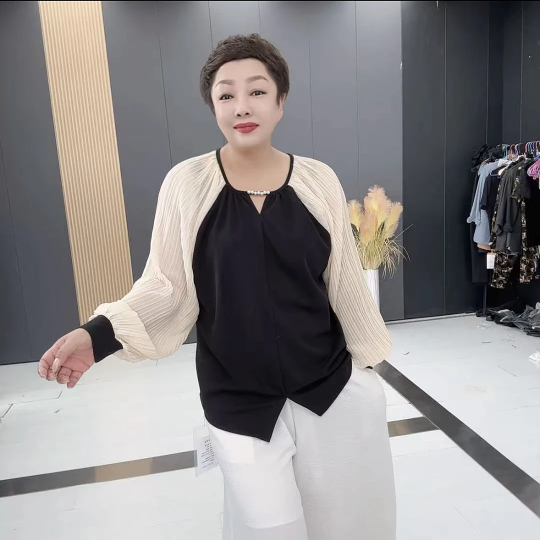 3442*大码时尚秋季长袖拼接圆领钉珠设计洋气百搭修身显瘦女款衫