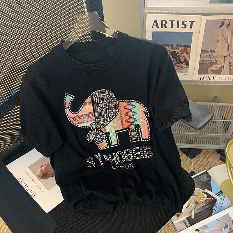 重工小象字母镶钻短袖针织衫女夏2025新款设计感宽松大码上衣240