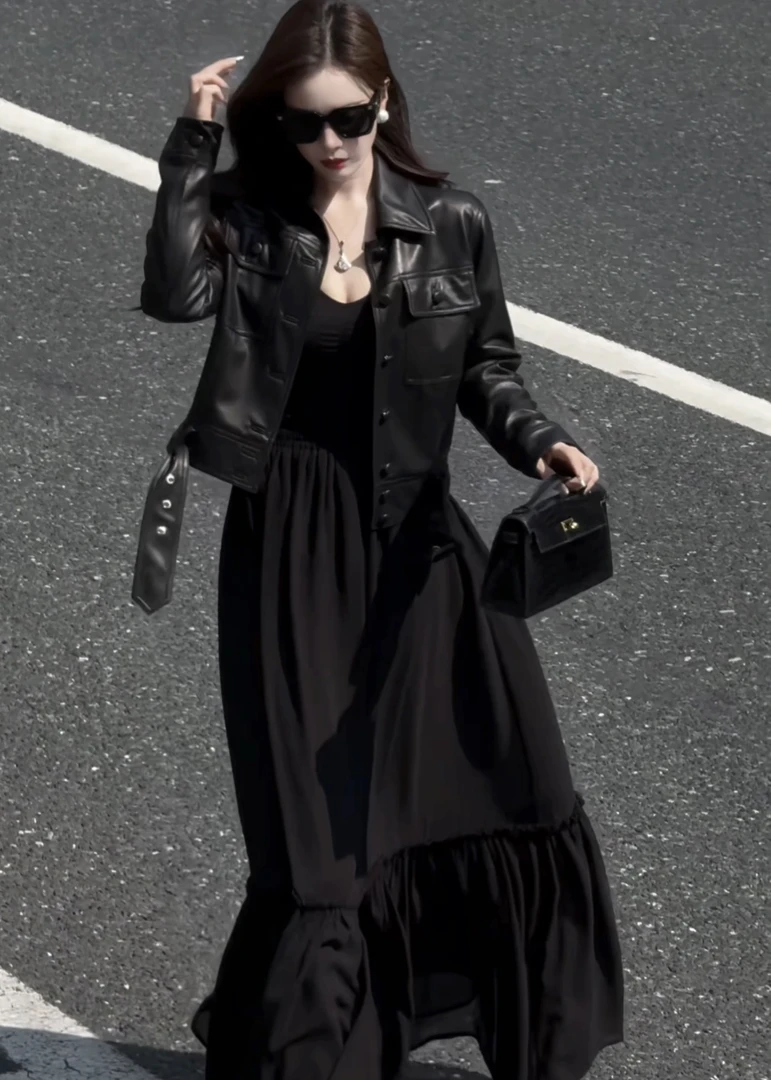 【现货秒发】DY51秋季显瘦时尚杨树林同款皮衣黑色气质款短款皮衣