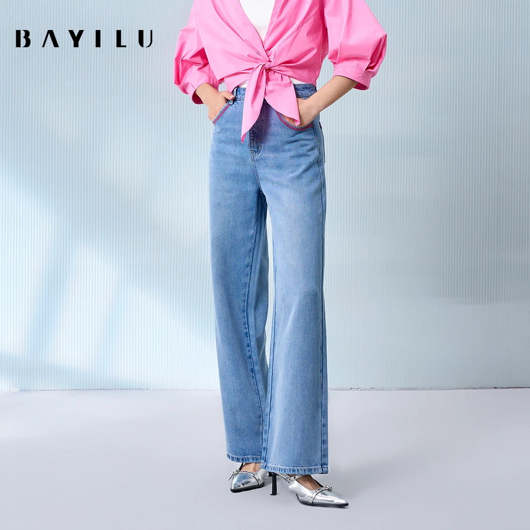 【力力淘】芭依璐夏季牛仔裤女直筒裤休闲阔腿长裤90K2826