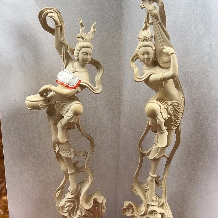 黄杨木敦煌飞天23cm一对摆件