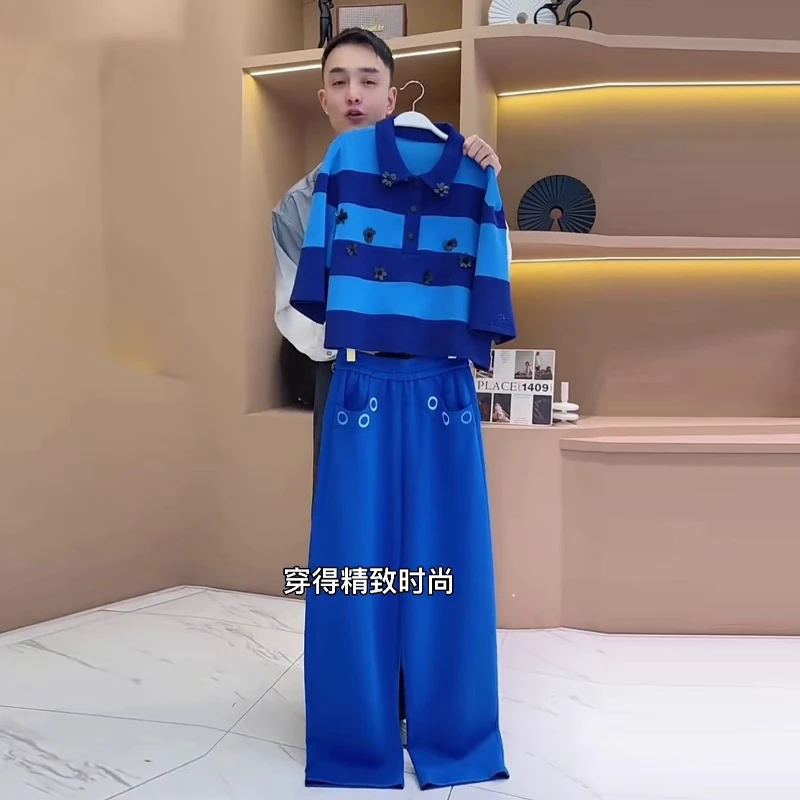 欧货休闲运动套装女夏季2025新款时尚洋气亮片刺绣翻领短袖两件套