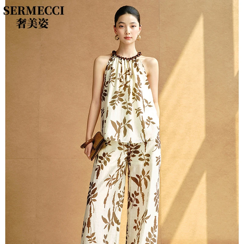 奢美姿品牌2025夏季凉感气质印花挂脖无袖套头衫宽松阔腿裤套装女