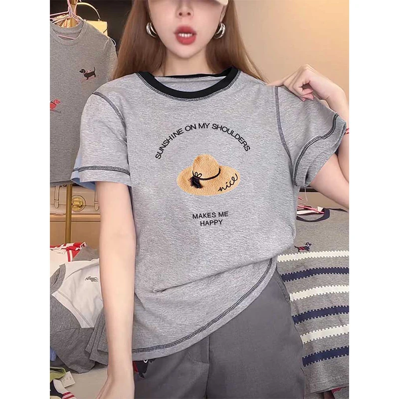 明线高级设计感正肩圆领印花短袖t恤女装时尚百搭显气质灰色上衣