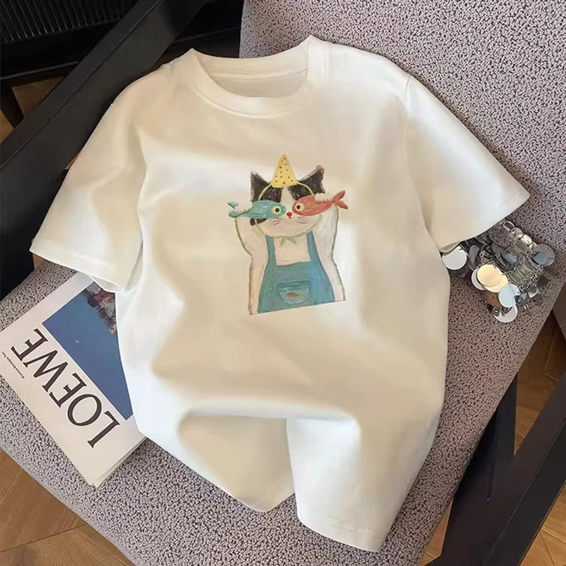 2025新款休闲圆领百搭白色短袖t恤女夏季宽松韩里韩气的穿搭上衣