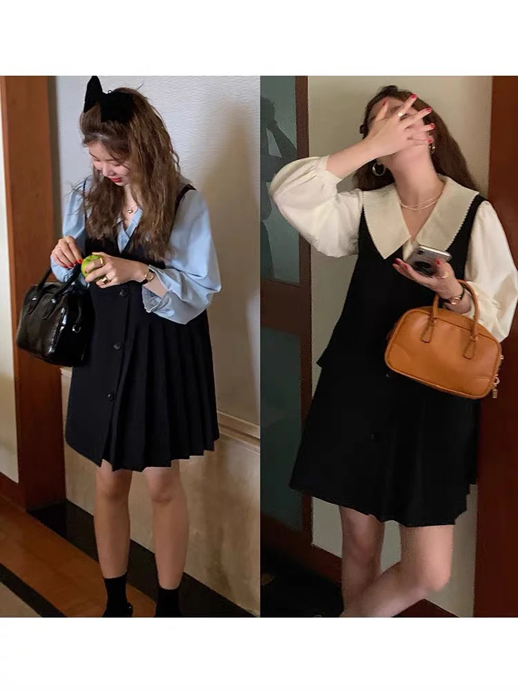 灰灰呀！单件！！「巴黎后花园」韩系设计感百褶西装马甲连衣裙