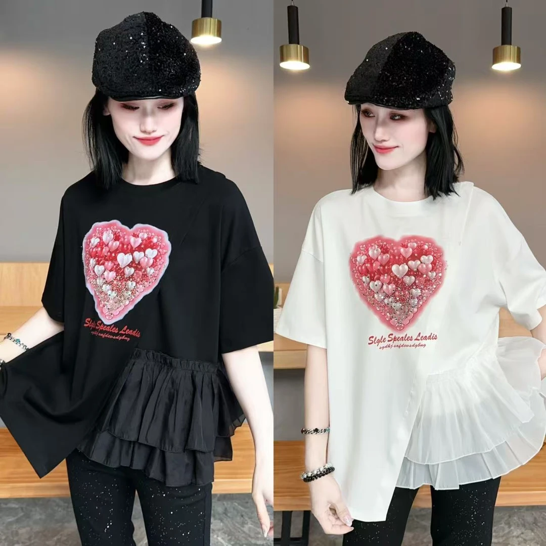 【YJ·高定】2025春夏宽松显瘦撞色拼接蕾丝百搭半袖连衣裙女 YY2016