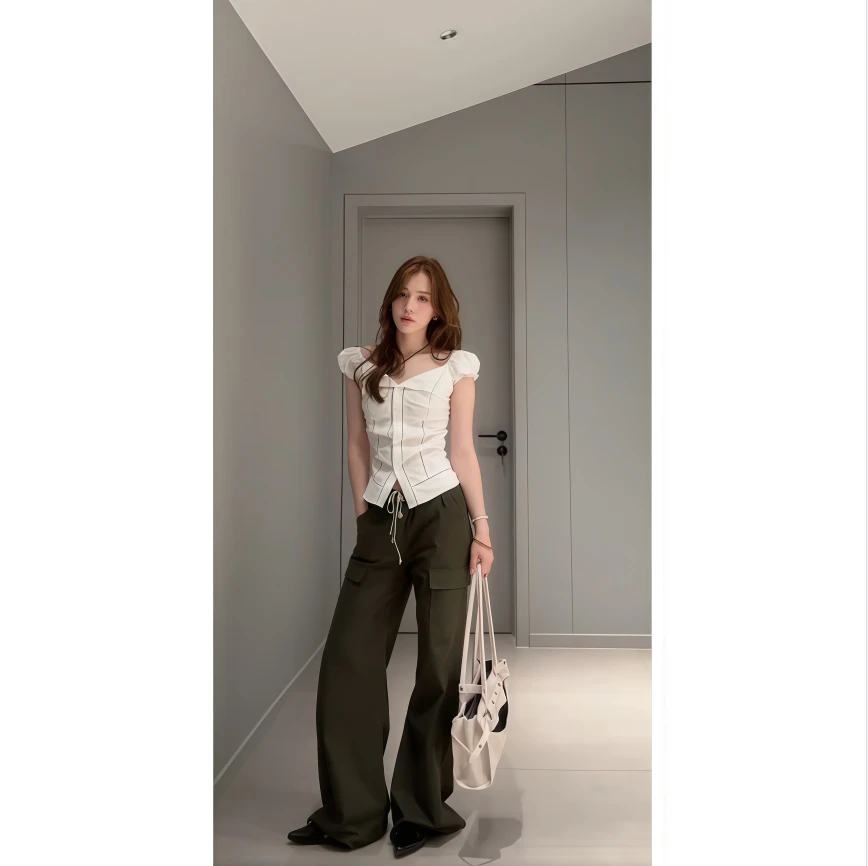 甜美翻领蕾丝拼接短袖衬衫女2025夏季新款收腰显瘦上衣裤子套装女