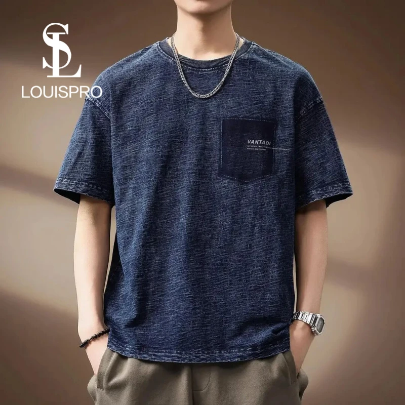 Louispro高端竹节针织纯棉牛仔短袖T恤男士夏季新款潮牌