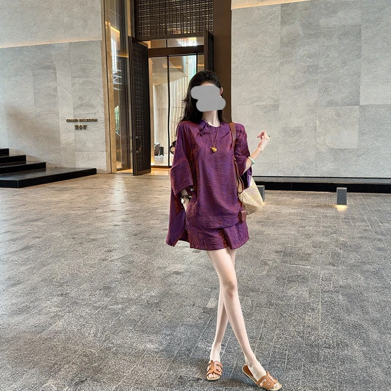 气质别致减龄两件套2025夏季休闲胖MM休闲慵懒独特短款收腹套装女