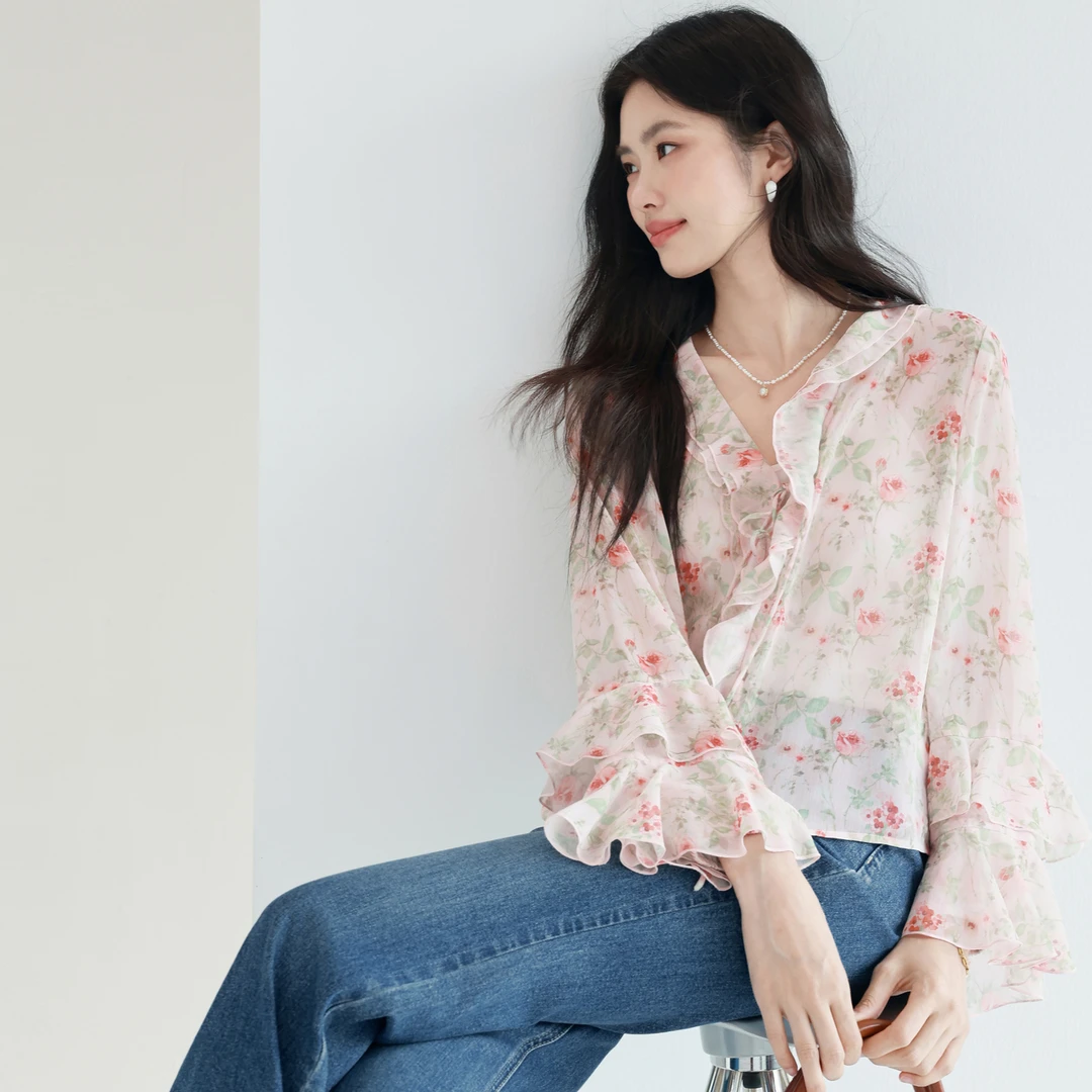 伊芙丽气质玫瑰印花设计感荷叶边薄透衬衫小上衣女夏季1G4921341