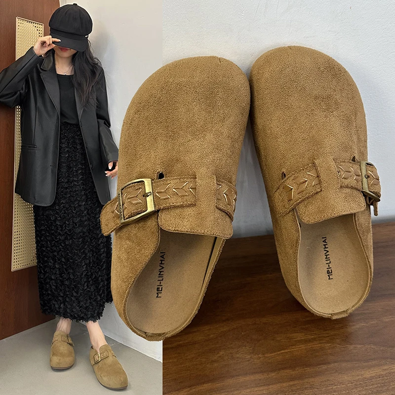清勃肯拖鞋女2025新款时尚纯色百搭舒适平底包头拖百搭皮带扣【W】
