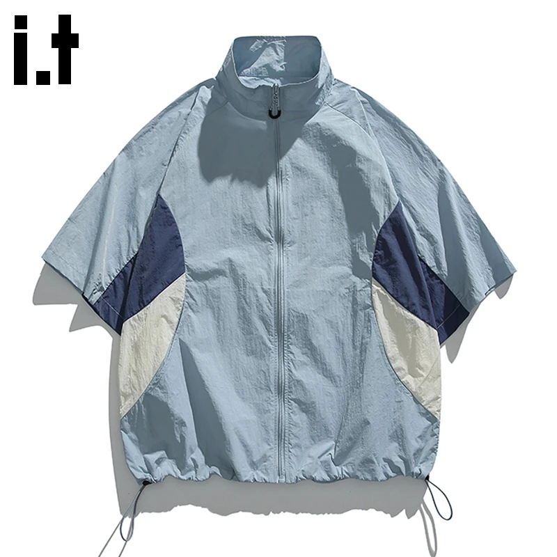 it: CHOCOOLATE日系潮牌短袖衬衫男新款夏季凉感拼接撞色立领外套