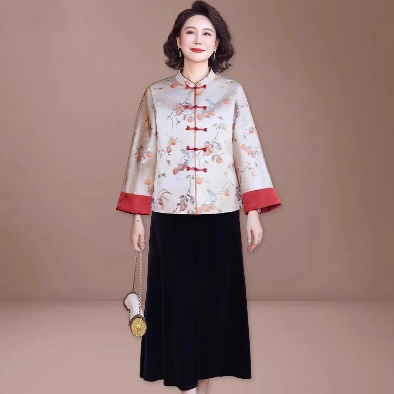 新中式妈妈秋装连衣裙套装2025新款中老年女春秋季国风外套两件套