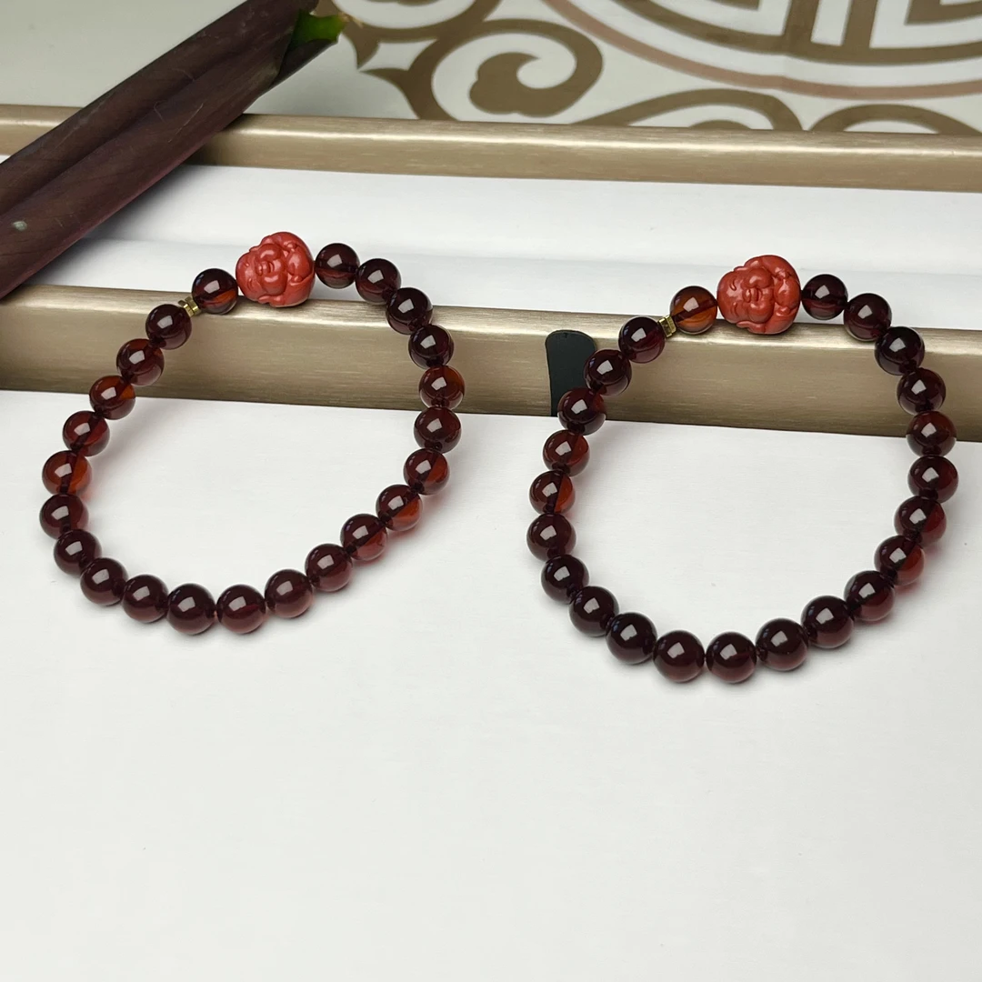 东娟珠宝XR12-4134缅珀血珀圆珠朱砂手串7mm+多样性发其一