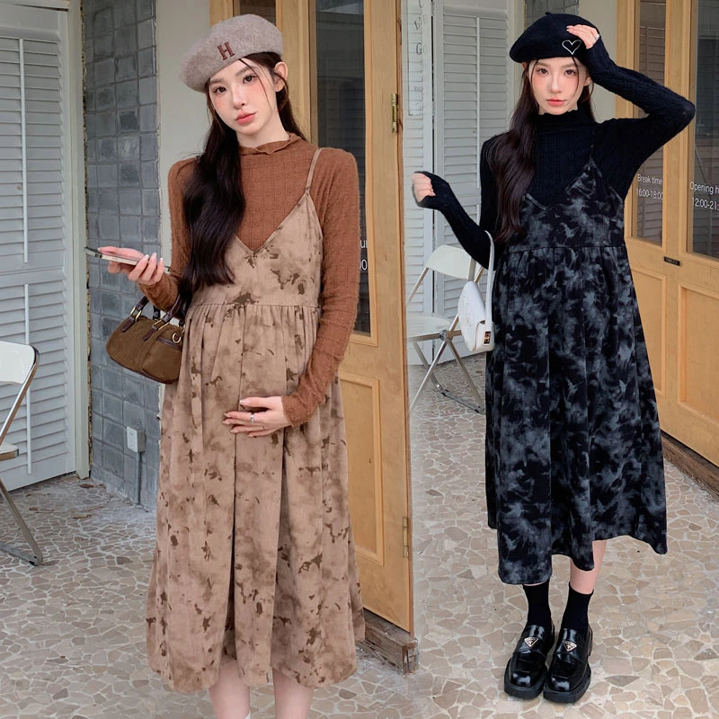 2025秋季新款韩版两件套孕妇连衣裙套装显瘦时尚打底复古外穿宽松