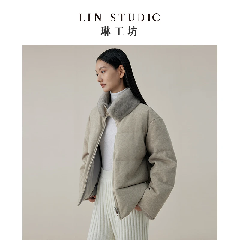 【水貂毛 95级别白鹅绒】琳工坊秋筠咖色羽绒服短款秋冬唐琳设计师