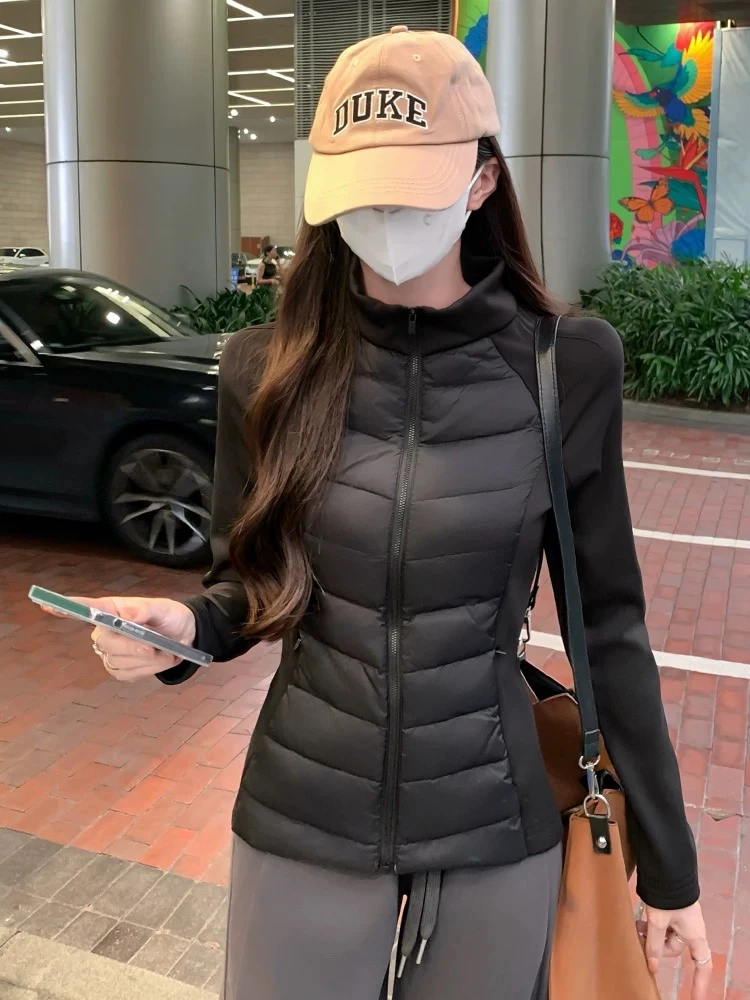 冬季微胖大码韩系蚂蚁腰拼棉排骨瑜伽服外套休闲立领显瘦上衣秋冬