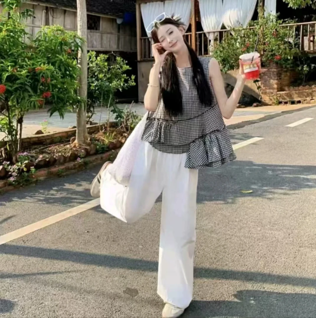 复古小众设计感荷叶边不规则格子宽松背心小衫套装-634