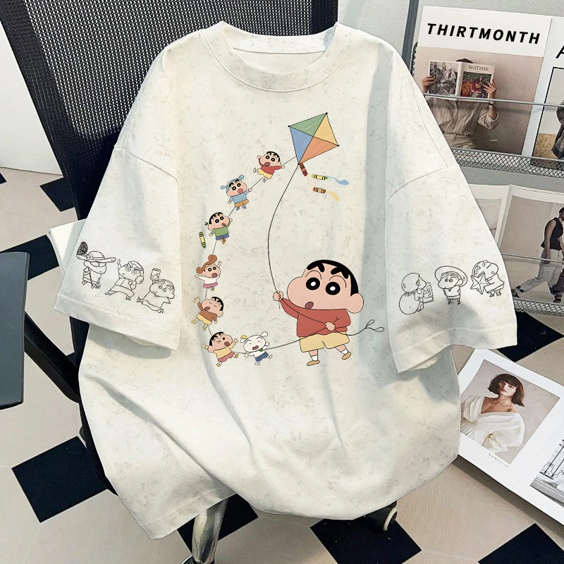 夏季新款男女童扎染短袖t恤亲子装纯棉蜡笔小新印花中大童上衣