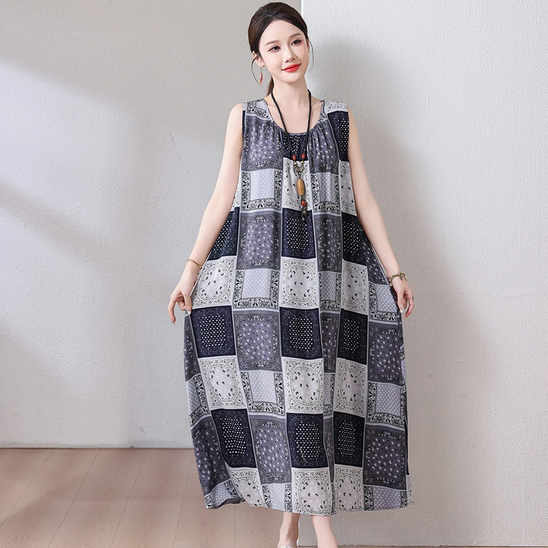 2025年夏季新款棉绸连衣裙遮肚宽松休闲长裙大码年轻款碎花裙子