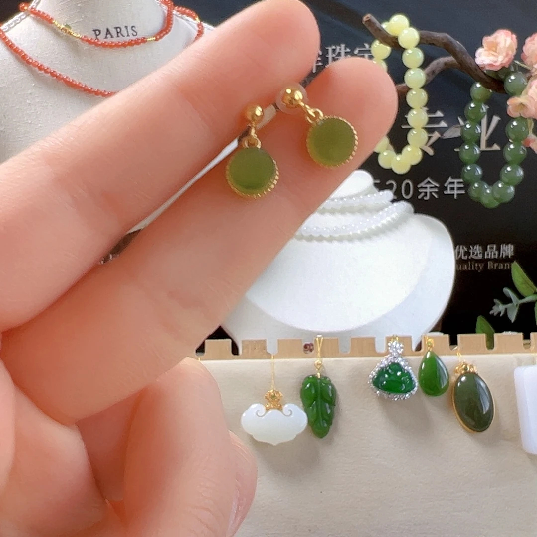 和田玉银S925镶嵌耳饰sj