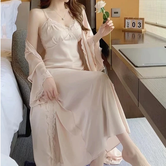 法式性感纯欲睡衣气质冰丝吊带女睡裙套装夏季长款女带胸垫两件套